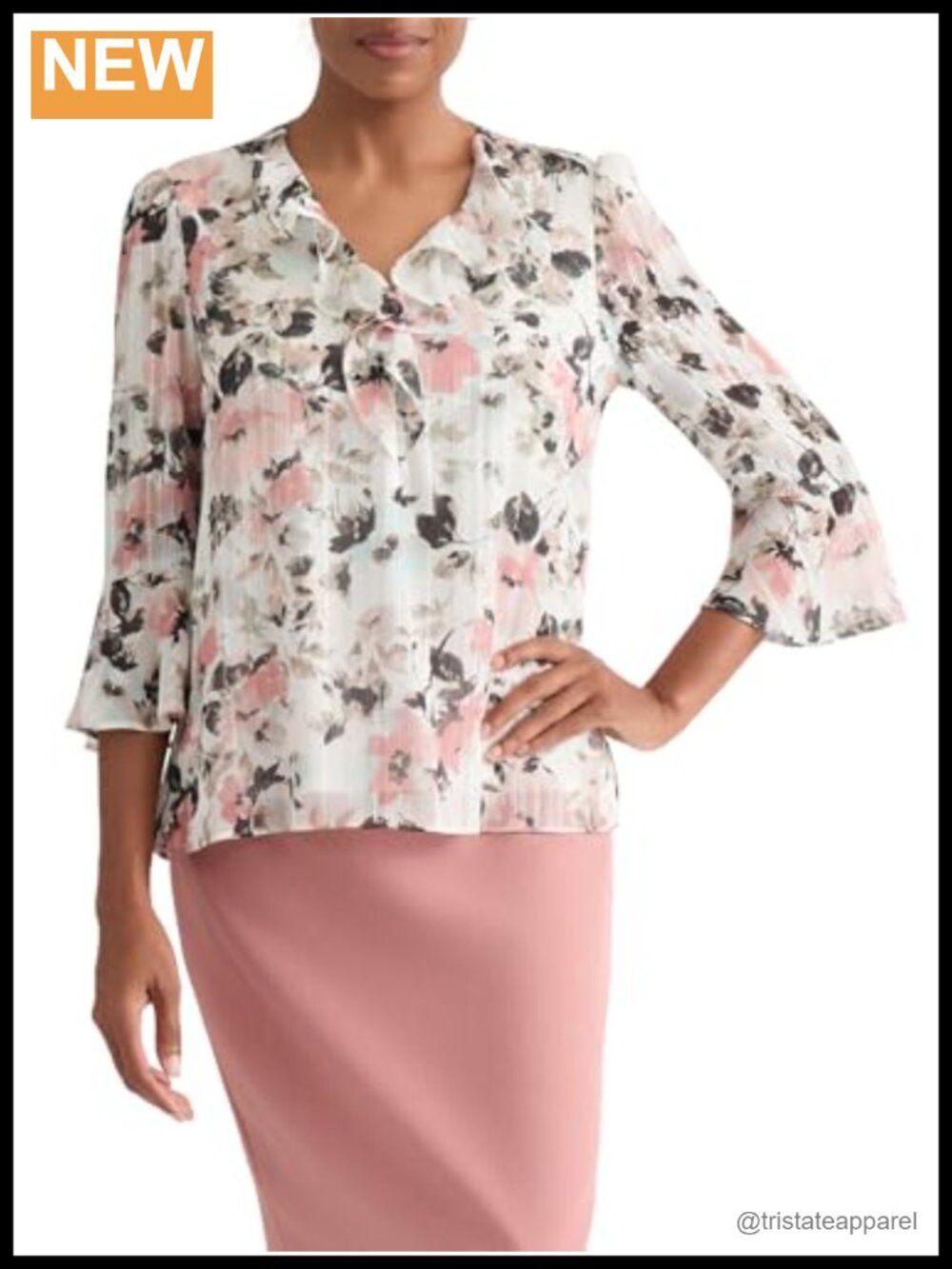 Ruffle Neck Flutter Sleeve Printed Blouse 99% Polyester Work Top